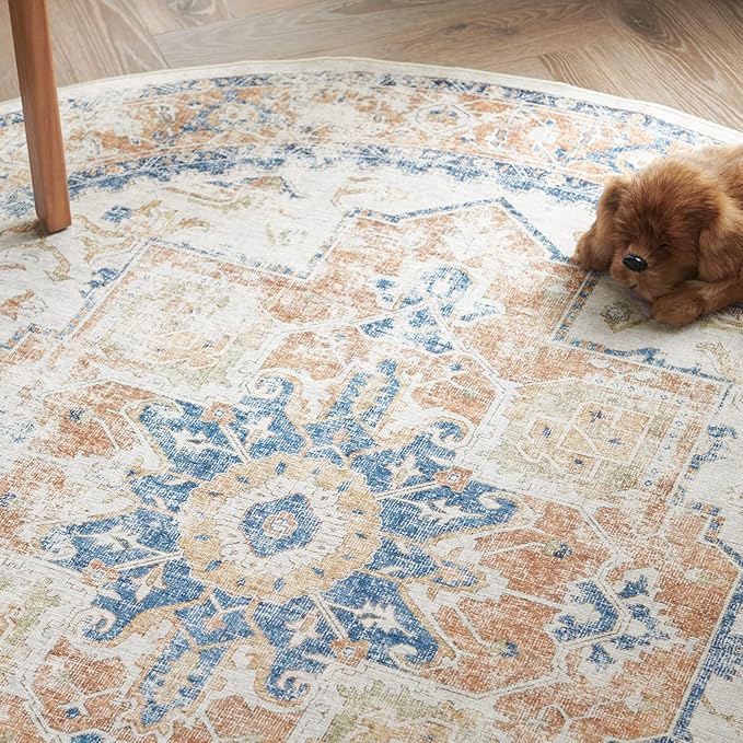 jinchan Kelda Round Rug 4ft Washable Area Rug Indoor Vintage Floor Cover Distressed Circle Mat 4' Round Lightweight Non Slip Low Pile Thin Carpet for Entryway Kitchen Living Room Bedroom Orange