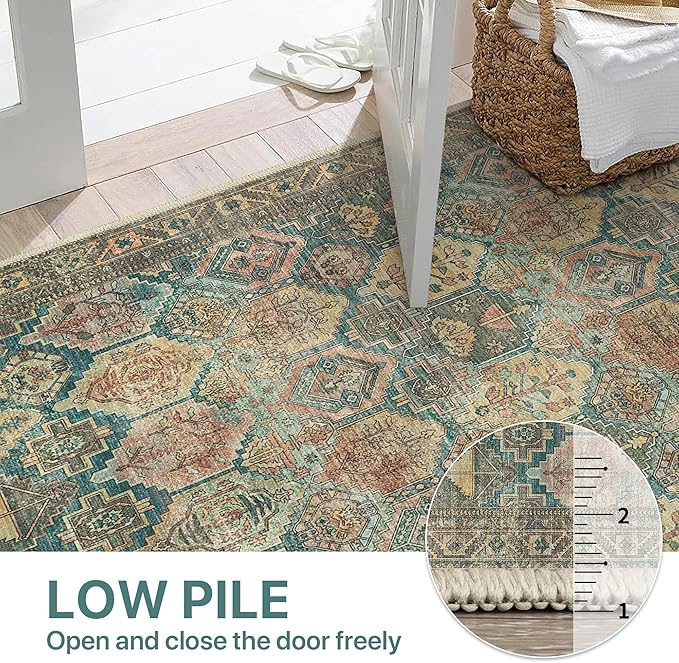 Bavni Washable Rug 5x7 Area Rug for Living Room Bedroom Dining, Washable Vintage Print Carpet, Ultra-Thin Low Pile Lightweight Rug with Non Slip Backing, Multi Green