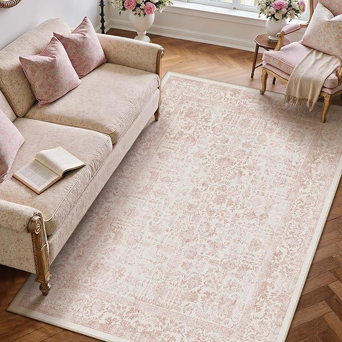 Pink Area Rug 3x4 Office Entryway Rug Machine Washable Kitchen Vintage Distressed Non Slip Carpet Indoor Retro Floral Accent Throw Door Mat for Bathroom Bedroom Dining Living Room
