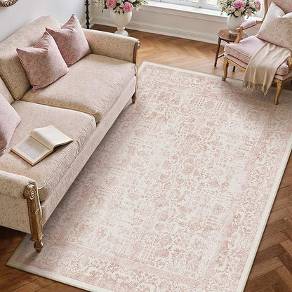 Pink Area Rug 4x5 Office Entryway Rug Machine Washable Kitchen Vintage Distressed Non Slip Carpet Indoor Retro Floral Accent Throw Door Mat for Bathroom Bedroom Dining Living Room