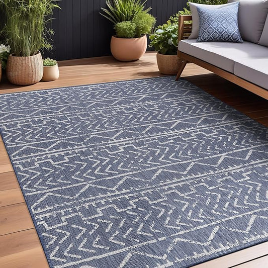 Beverly Rug Waikiki Indoor Outdoor Rug 6x9, Washable Outside Carpet for Patio, Deck, Porch, Trellis Area Rug, Water Resistant, Blue - White