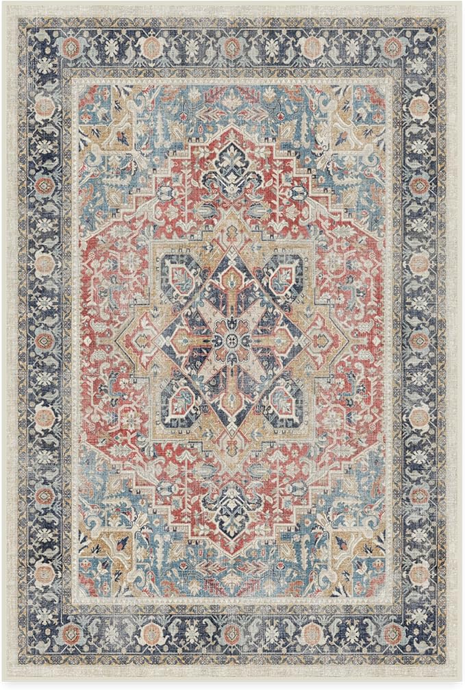 RUGGABLE Washable Vintage Area Rug – Kamran Cayenne Red 4x6, Stain-Resistant, Non-Slip – Medium Machine Washable Rugs for Living Room, Bedroom, Hallway, Entryway & Office–with Standard Pad