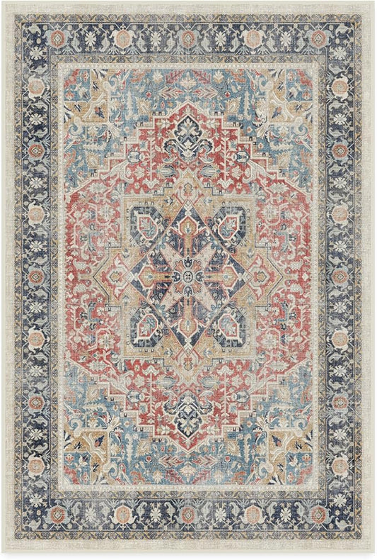 RUGGABLE Washable Vintage Area Rug – Kamran Cayenne Red 4x6, Stain-Resistant, Non-Slip – Medium Machine Washable Rugs for Living Room, Bedroom, Hallway, Entryway & Office–with Cushioned Pad