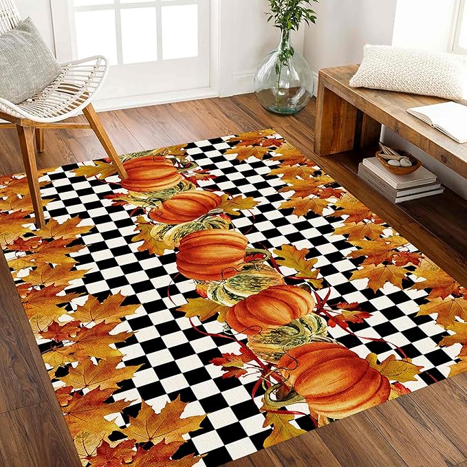 Pumpkin Area Rugs, 3x5ft, Fallen Leaves Autumn Harvest Pumpkins Black and White Checkered Rug, Ultra-Thin Rubber Non Slip Geometric Carpet for Living Room Playroom