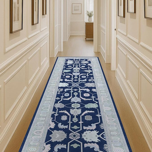 Fame Living Navy Blue Oushak Rug, Modern Rugs, Vintage, Turkish, Eclectic, Floral, Pastel, Washable, Small Throw, Accent Area Rug for Living Room, Bedroom, Kitchen, Bathroom, 2'5"x4'9