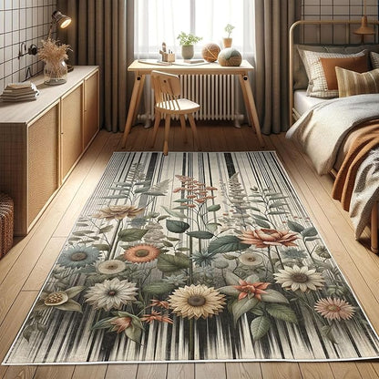 Ambesonne Botanical Decorative Rug, Nostalgic Garden Pattern with Flowers and Leaves on Retro Stripes, Quality Carpet for Bedroom Dorm and Living Room, 5' 1" X 7' 5", Sage Green and Salmon
