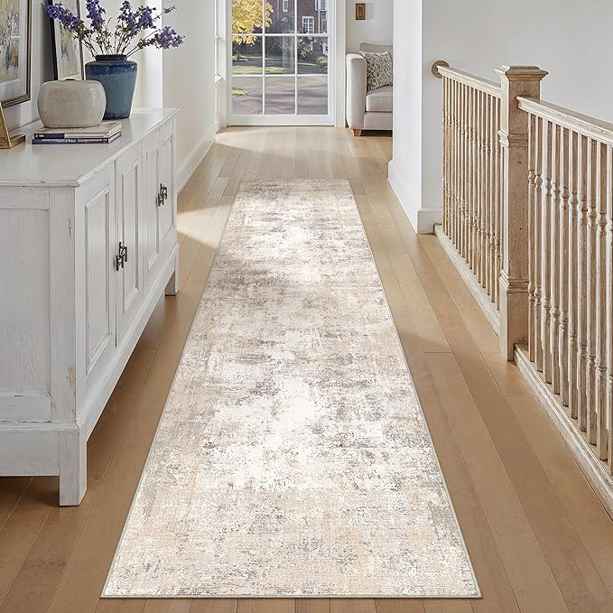 2x14 Washable Runner Rug Beige Grey Abstract Hallway Kitchen Throw Rug Neutral Modern Non Slip Soft Low Pile Carpet for Bathroom Laundry Bedroom Living Room