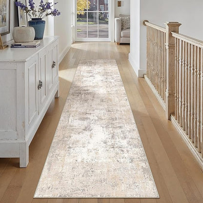 3x10 Washable Runner Rug Beige Grey Abstract Hallway Kitchen Throw Rug Neutral Modern Non Slip Soft Low Pile Carpet for Bathroom Laundry Bedroom Living Room