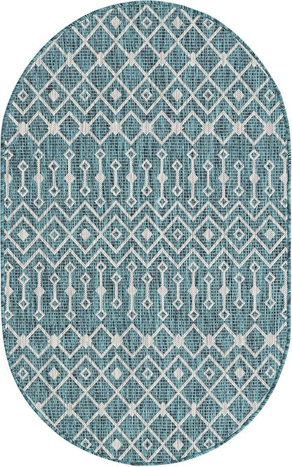 Unique Loom Outdoor Trellis Collection Area Rug - Tribal Trellis (3' 3" x 5' 3" Oval, Teal/ Ivory)