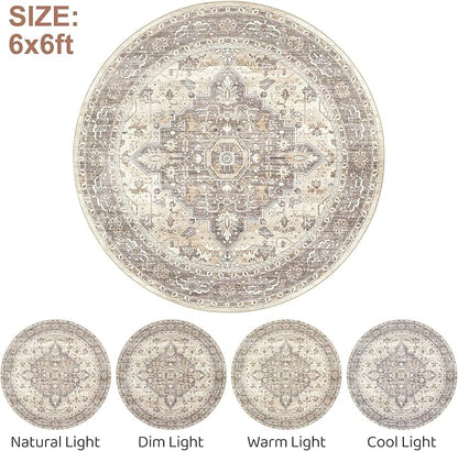 Round Rug Living Room Rugs: 6Ft Washable Boho Neutral Large Circle Soft Indoor Floral Stain Resistant Floor Farmhouse Carpet for Bedroom Nursery Kids Playroom Office Dining Room Dorm Home- Beige Brown