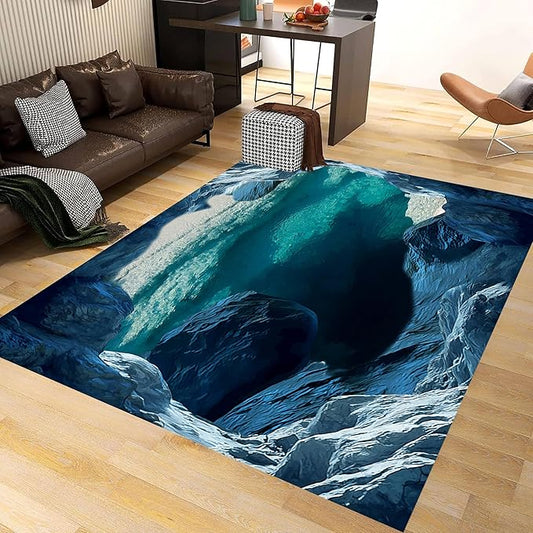Blue Cave 3D Rugs for Bedroom, 4x6ft, Illusion Natural Landscape Blue Water Pool Entryway Rug, Rubber Backed Non Skid Low Pile Carpet，Foldable Soft No Crease Mats for Sofa Indoor