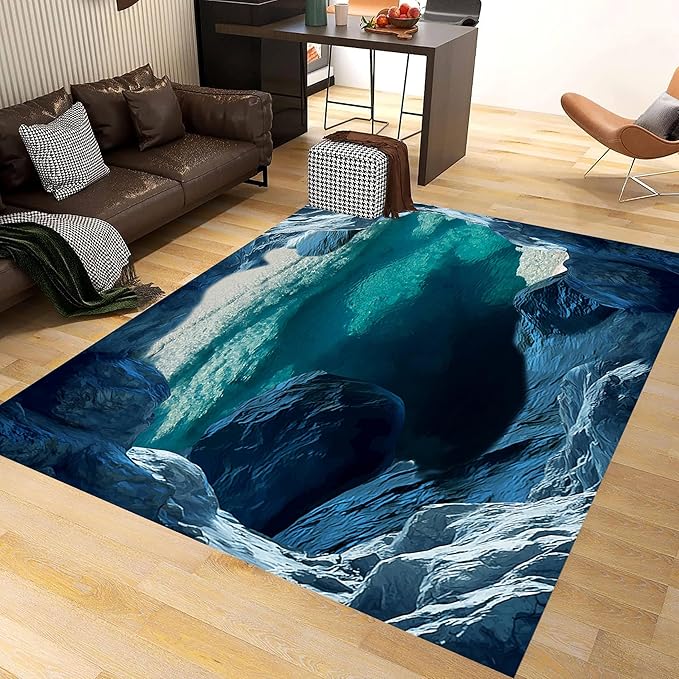 Blue Cave 3D Rugs for Bedroom, 5x7ft, Illusion Natural Landscape Blue Water Pool Entryway Rug, Rubber Backed Non Skid Low Pile Carpet，Foldable Soft No Crease Mats for Sofa Indoor