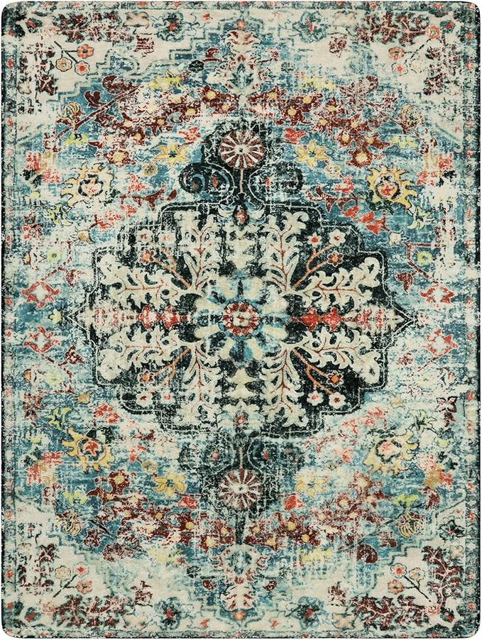 Lahome Area Rugs 9x12 Living Room Boho Washable Rugs 9x12,Large Boho Rugs for Bedroom Dining Room,Floral Soft Non-Slip Printed Low Pile Throw Indoor Floor Carpet for Nursery Kids Playroom(9x12ft,Teal)