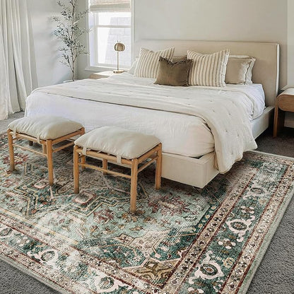 Washable Area Rug 5'x7' Green Retro Boho Chic Medallion Distressed Design Living Room Indoor Non-Slip Large Oriental Accent Throw Rugs for Kitchen Bedroom Office Carpet