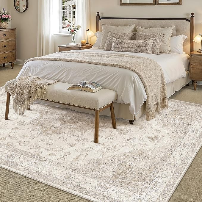 Beige Area Rug 9x12 Washable Vintage Carpet for Living Room Bedroom Large Soft Retro Low Pile Thin Indoor Rug Non Slip Oriental Medallion Floor Cover for Dining Room Office