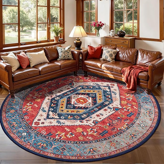 SERISSA Boho Round Area Rug, 8ft Washable Non-Slip Circle Rug, Ultra Soft Large Oriental Vintage Rust Low-Pile Circular Carpet for Living Room Bedroom Dining Room Kids Room Office College Dorm