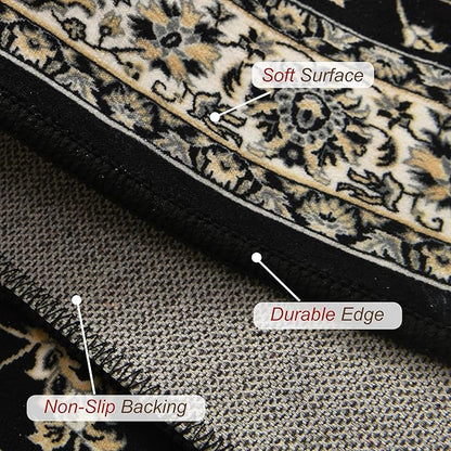 XWZO Runner Rug 2x10ft for Long Hallways, Washable Non-Slip Low Pile Area Rug with Rubber Backing, Spill Resistant Soft Vintage Floor Carpet for Kitchen Entryway Stair Landing Living Room, Black