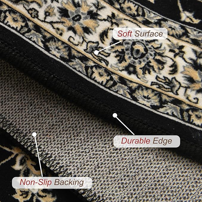XWZO Runner Rug 2x6ft, Washable Hallway Runner with Non-Slip Backing, Spill Stain Resistant Floor Mat for Entryway Corridor Bedroom Kitchen Farmhouse, Soft Low-Pile Area Carpet, Black