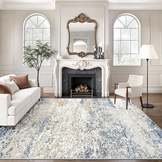 Art&Tuft Washable Rugs 9x12, Abstract Area Rugs 9x12 Living Room - Non Slip and Low Pile Soft Thin Rug for Bedroom, Dining Room, Kitchen, Office, Blue