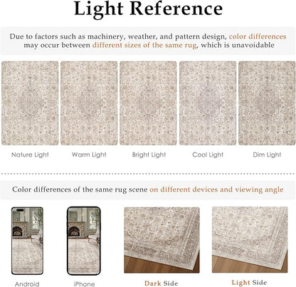 Beige Area Rug 4x5 Washable Office Entryway Vintage Carpet Low Pile Non Slip Distressed Door Mat Soft Traditional Retro Oriental Small Accent Throw Rug Kitchen Bedroom Bathroom Dining Room