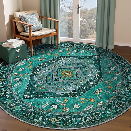 SERISSA Boho Round Area Rug, 6ft Washable Non-Slip Circle Rug, Ultra Soft Oriental Vintage Teal Low-Pile Circular Carpet for Bedroom Entryway Kids Room Office College Dorm Living Room
