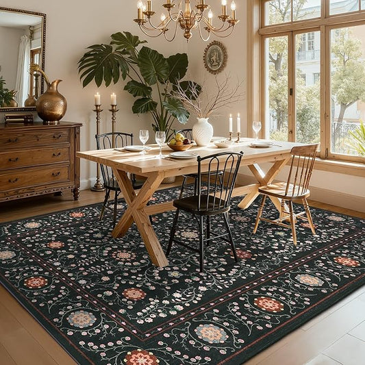 GarveeHome Boho 6x9 Area Rug for Living Room, Floral Vintage Rugs for Bedroom with Soft Low Pile, Non Slip Stain Resistant Botanical Washable Rug 6x9 for Dining Room Black Carpet for Dorm Office