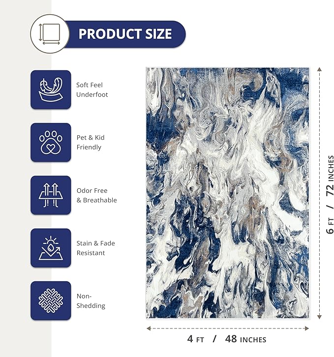 Abani Regal Blue Area Rug for Living Room, Bedroom - Swirl Abstract Pattern - 4' x 6' - Durable & Easy to Clean Washable