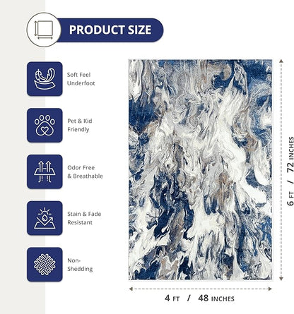 Abani Regal Blue Area Rug for Living Room, Bedroom - Swirl Abstract Pattern - 4' x 6' - Durable & Easy to Clean Washable