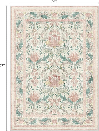 Bavni 5x7 Area Rugs for Living Room, Microfiber Machine Washable Non-Slip Vintage Floral Rug, Low Pile Lightweight Carpet for Bedroom, Dining Room, Home Office, Beige&Pink