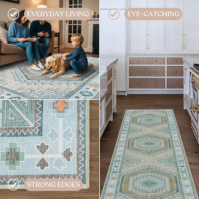 Fame Living Washable Area Rug. Modern Farmhouse. Vintage. Turkish. Bohemian. Distressed. Oriental. Traditional. Rugs for Living Room. Dining. Bedroom. Office. Entryway. Foyer. (856GG, 5'9" x 8'9")