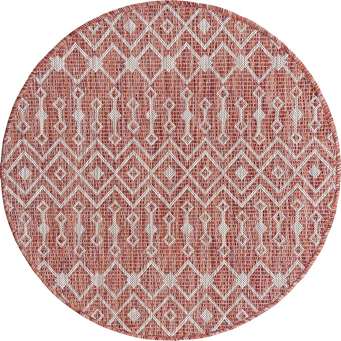 Unique Loom Outdoor Trellis Collection Area Rug - Tribal Trellis (3' 3" Round, Rust Red/ Ivory)