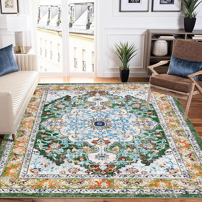 U'Artlines Boho Vintage Area Rug 5x7 Machine Washable Low Pile Soft Floor Carpet Non Slip Non Shedding Accent Rug for Living Room Bedroom Entryway Dining Room Office Green