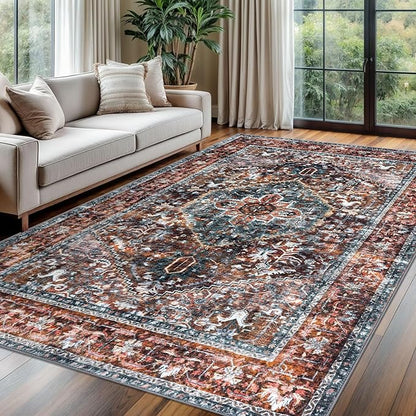 KOZYFLY Boho Area Rug 6x9 Ft Thin Rugs for Living Room Washable Bedroom Rug Non Slip Rugs Printed Faux Wool Vintage Bedroom Rug Floor Carpet for Dining Room Living Room, Brick Red/Orange/Green