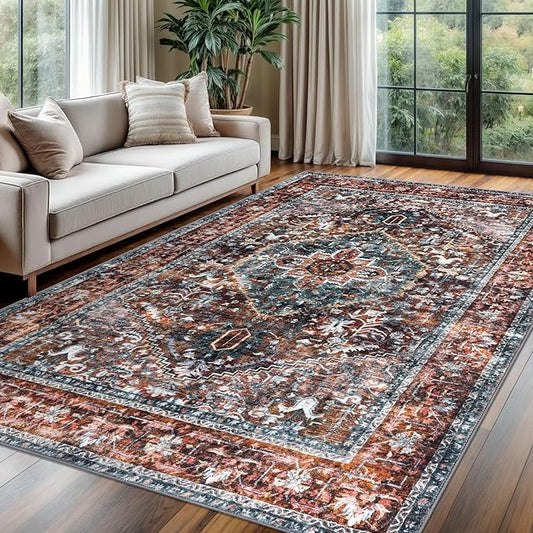 KOZYFLY Boho Area Rug 6x9 Ft Thin Rugs for Living Room Washable Bedroom Rug Non Slip Rugs Printed Faux Wool Vintage Bedroom Rug Floor Carpet for Dining Room Living Room, Brick Red/Orange/Green