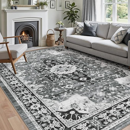 DEXI 8x10 Area Rug for Living Room, Washable Vintage Farmhouse Thin Rug Indoor Floor, Non Slip Stain Resistant Low Pile Carpet for Dining Room Bedroom Office, White Grey