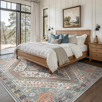 Bavni Washable Rug 8x10 Area Rug for Living Room Bedroom Dining, Washable Vintage Print Carpet, Ultra-Thin Chenille Low Pile Lightweight Rug with Non Slip Backing, Blue/Orange