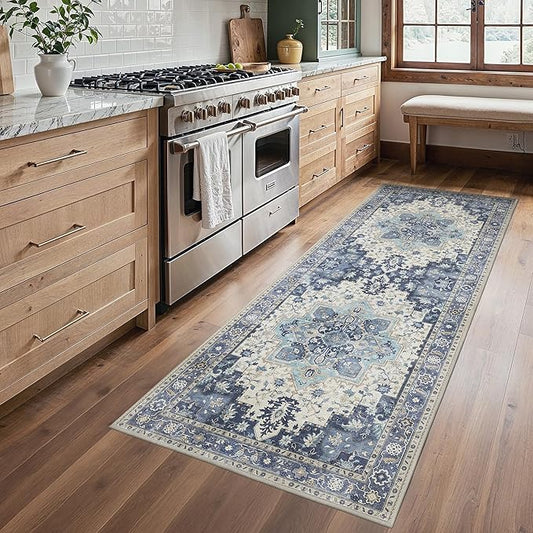 2'6''x6 Runner Rugs for Hallway, Machine Washable Non Slip Vintage Rugs, Low Pile Lightweight Soft Print Rug for enrtyway, Corridor, Home Office, Kitchen, Center Blue
