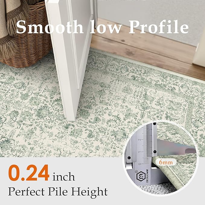 Sage Green Area Rug 3x4 Washable Office Entryway Carpet Vintage Distressed Non Slip Kitchen Indoor Entry Neutral Low Pile Retro Floral Farmhouse Throw Mat for Laundry Dining Room Bedroom