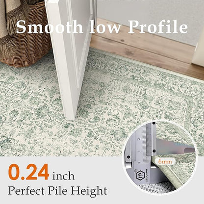 Sage Green Area Rug 3x5 Washable Office Entryway Carpet Vintage Distressed Non Slip Kitchen Indoor Entry Neutral Low Pile Retro Floral Farmhouse Throw Mat for Laundry Dining Room Bedroom
