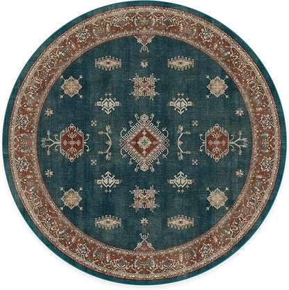 RUGGABLE Washable Vintage Area Rug – Verena Teal Blue 8 ft Round, Stain-Resistant, Non-Slip – Large Machine Washable Rugs for Living Room, Bedroom, Hallway, Entryway & Office–with Cushioned Pad