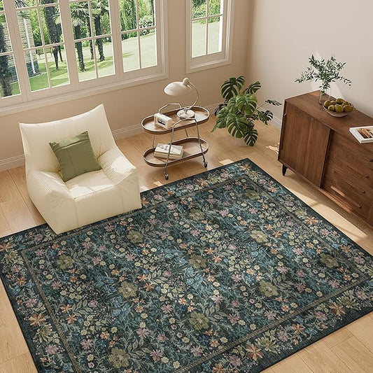 DUKINO 5x7 Area Rugs, Floral Washable Rugs for Bedroom with Non Slip Backing, Vintage Low Pile Indoor Floor Carpets for Bedroom, Living Room, Farmhouse, Home Office, Dining Room, Blue
