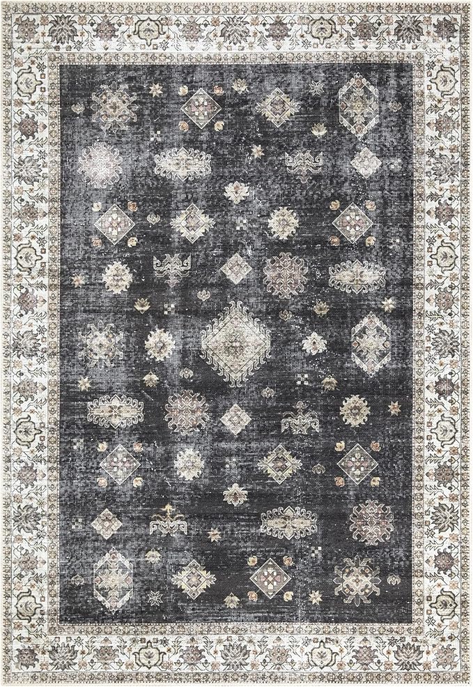 Bloom Rugs Washable Non-Slip 6' x 9' Rug - Black/Ivory Traditional Area Rug for Living Room, Bedroom, Dining Room, and Kitchen - Exact Size: 6' x 9'
