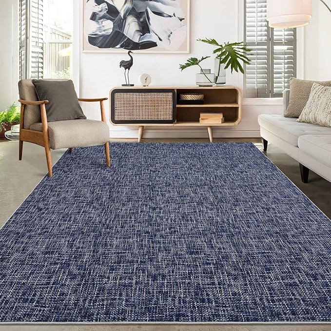 RUGSREAL Area Rug 5x7 Machine Washable Area Rug for Living Room Non-Slip Stain Resistant Modern Abstract Rug Contemporary Solid Color Throw Rug Foldable Accent Floor Carpet for Dining Room, Blue