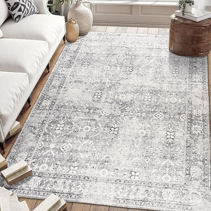 ReaLife Rugs Machine Washable Area Rug - Living Room Bedroom Bathroom Kitchen Entryway Office - Padded Low Pile Stain Resistant Premium - Boho Farmhouse Vintage - Noor - Silver Ivory 4' x 6'