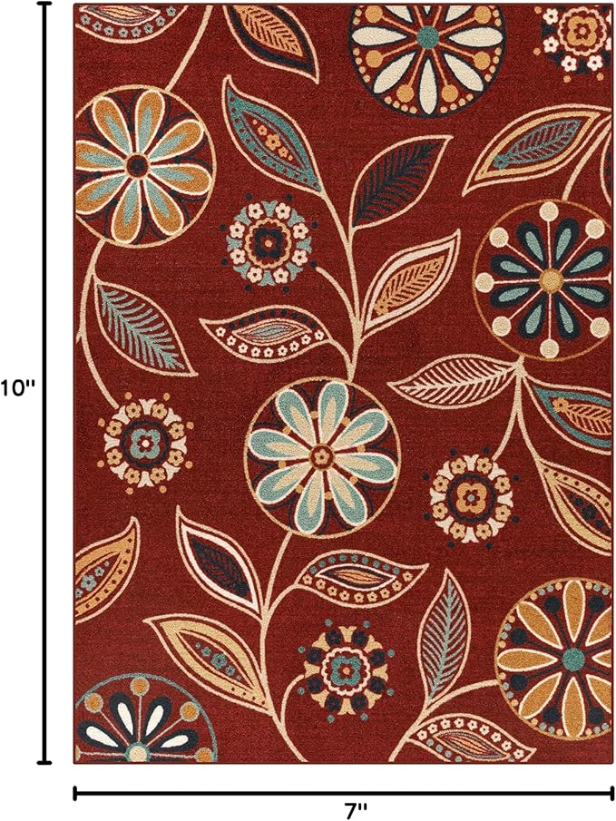 Maples Rugs Reggie Floral Area Rug - Made in USA - Low Pile, Non Slip, Pet-Friendly Mat for Living Room, Bedroom, and Office, 7' x 10', Merlot