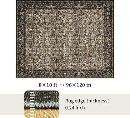 Washable Living Room Rug: 8x10 Boho Floral Soft Area Rug for Bedroom Decor - Vintage Low Pile Thin Carpet for Dining Room Non-Slip - Farmhouse Stain Resistant Rugs - Dark Brown