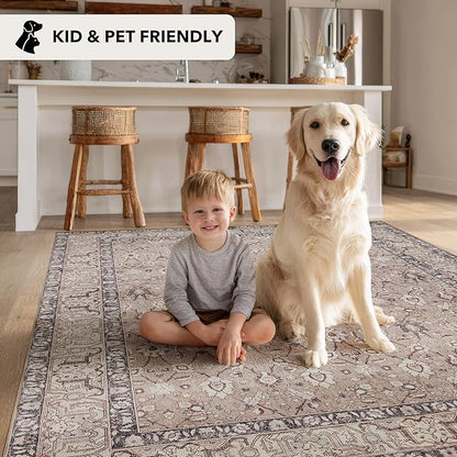 Kuden 2'6"x7' Runner Rug, Machine Washable Area Rug with Non-Slip Backing, Vintage Style, Soft, Easy Clean, Low Pile Rug for Hallway, Entryway, Kitchen, Bedroom