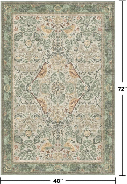 Washable 4x6 Entryway Rug, Sage Green Area Rugs for Living Room, Bedroom, Large Kitchen, Office, Boho Botanical Decor, Non-Slip Low Pile Ultra Soft Carpet