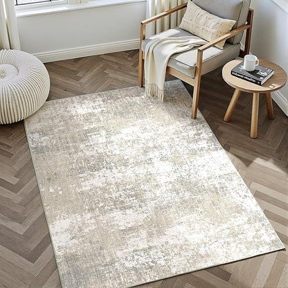 Modern Abstract Beige Gray Area Rug 5x7 Machine Washable Large Carpet Neutral Kitchen Indoor Accent Throw Low Pile Non Slip Distressed Living Dining Room Bedroom Office