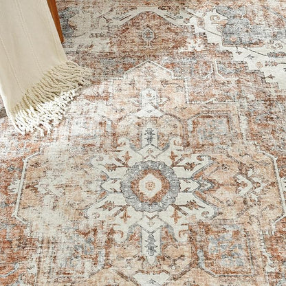 jinchan Kelda Living Room Area Rug 10x12 Washable Rug Vintage Indoor Large Floor Cover Distressed Lightweight Non-Slip Low Pile Thin Mat Stain Resistant Carpet for Bedroom Dining Room Office Brick Red